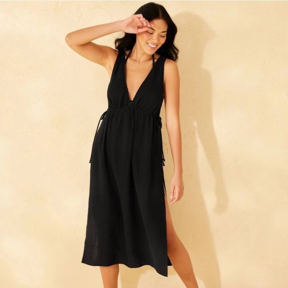 BlackLow Cut Cover Up Midi Dressy, Gauze Material